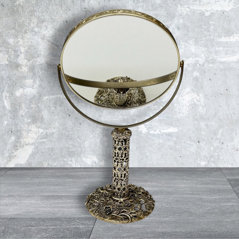 Vtg‎ Japan Gold/Silver Filigree Vanity Mirror Swivel Floral Rose Pedestal Decor